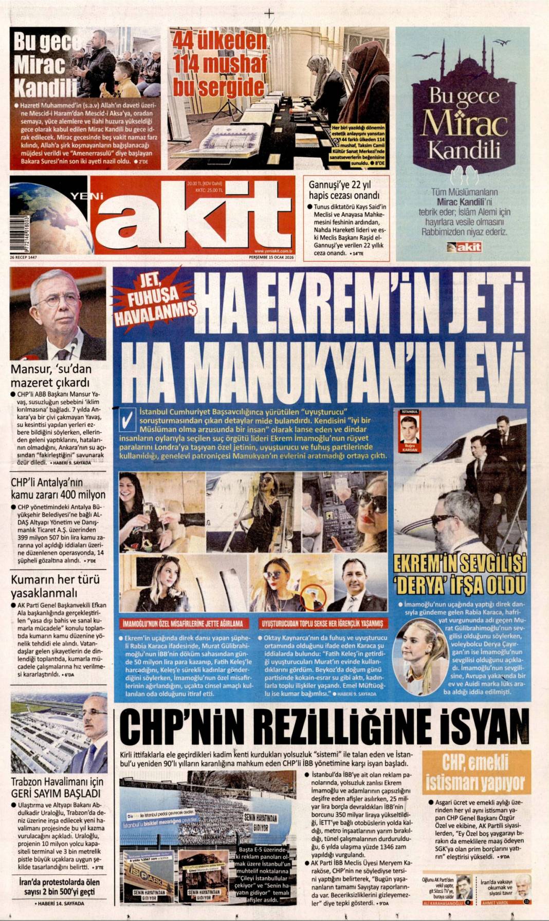 İBB'yi soydular kumarda yediler: 15 Ocak 2026 Perşembe, güncel gazete manşetleri 7