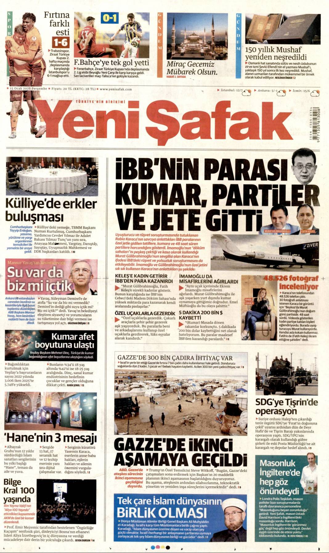 İBB'yi soydular kumarda yediler: 15 Ocak 2026 Perşembe, güncel gazete manşetleri 5