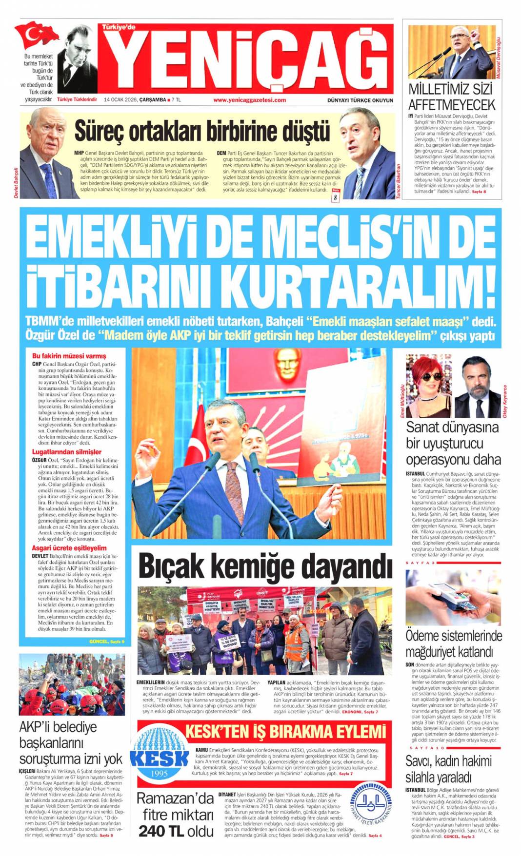 A takımının jetinde uyuşturucu partisi: 14 Ocak 2026 Çarşamba güncel gazete manşetleri 14