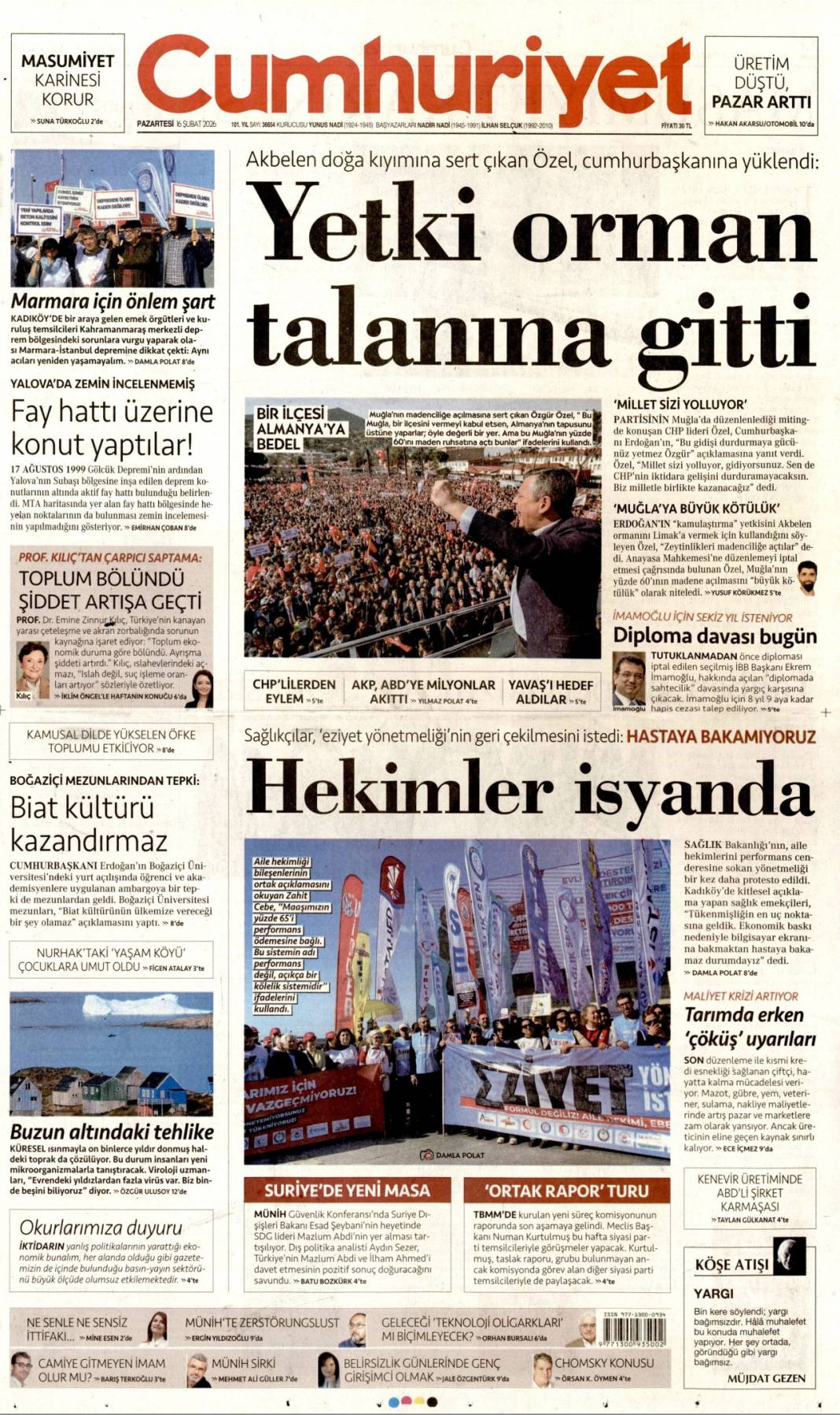 İstifa ağaç katliamını örtmez: 16 Şubat 2026 Pazartesi güncel gazete manşetleri 3