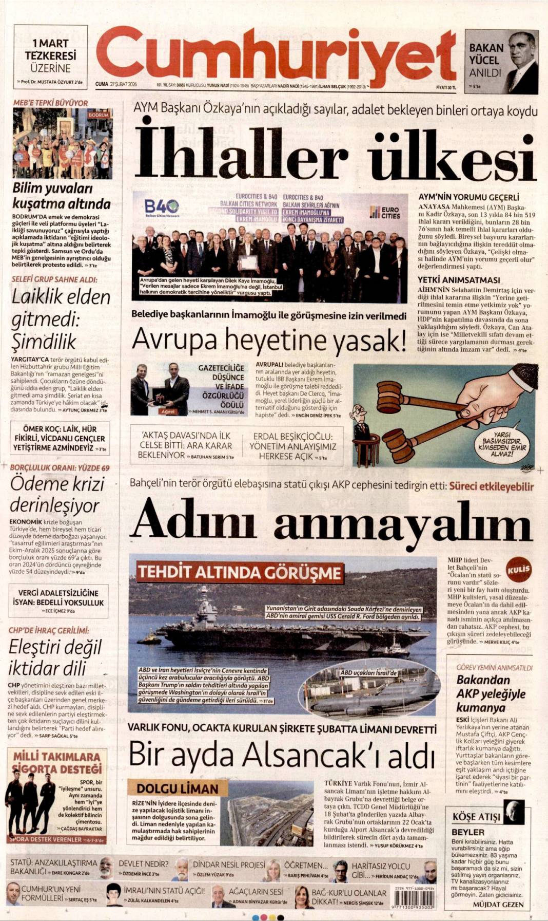 Her alanda tarihi dönüşüm yaşıyoruz: 27 Şubat 2026 Cuma güncel gazete manşetleri 5