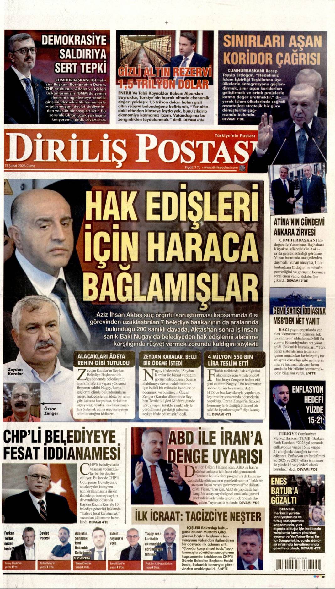 Faşizanlık CHP'nin iliklerine sinmiş: 13 Şubat 2026 Cuma güncel gazete manşetleri 11