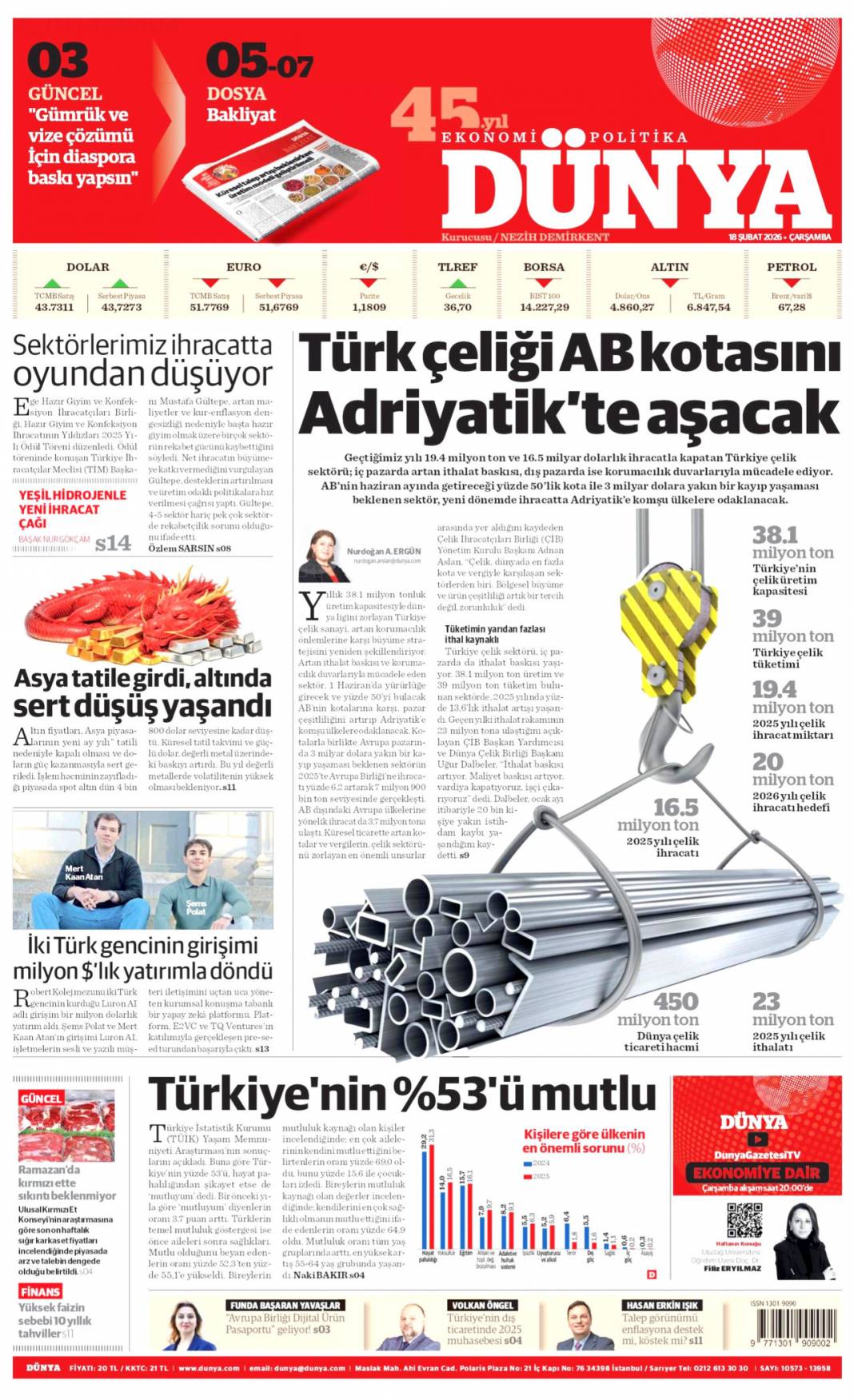 Afrika Boynuzu'nda çatışma istemiyoruz: 18 Şubat 2026 Çarşamba güncel gazete manşetleri 15