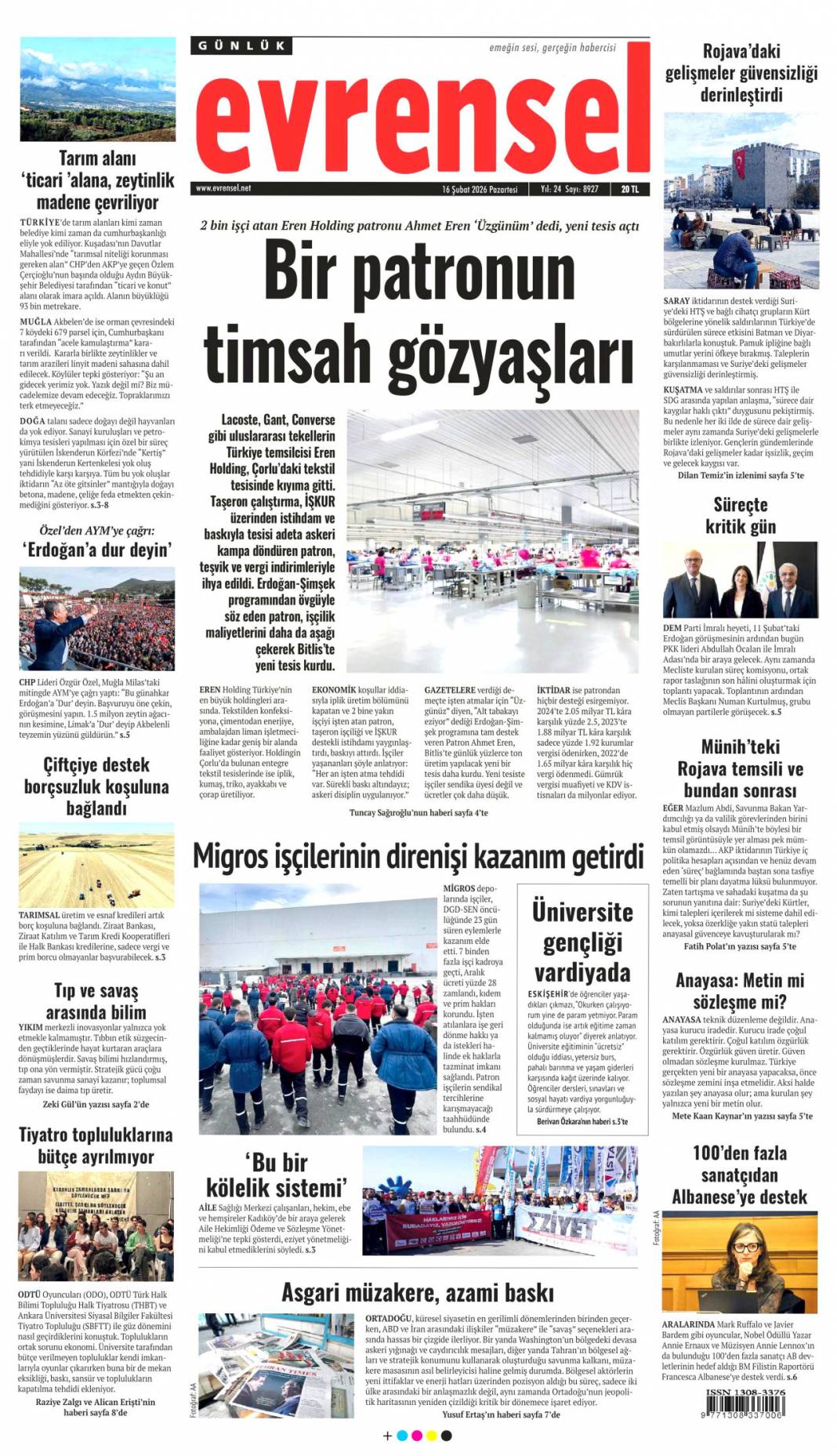 İstifa ağaç katliamını örtmez: 16 Şubat 2026 Pazartesi güncel gazete manşetleri 11