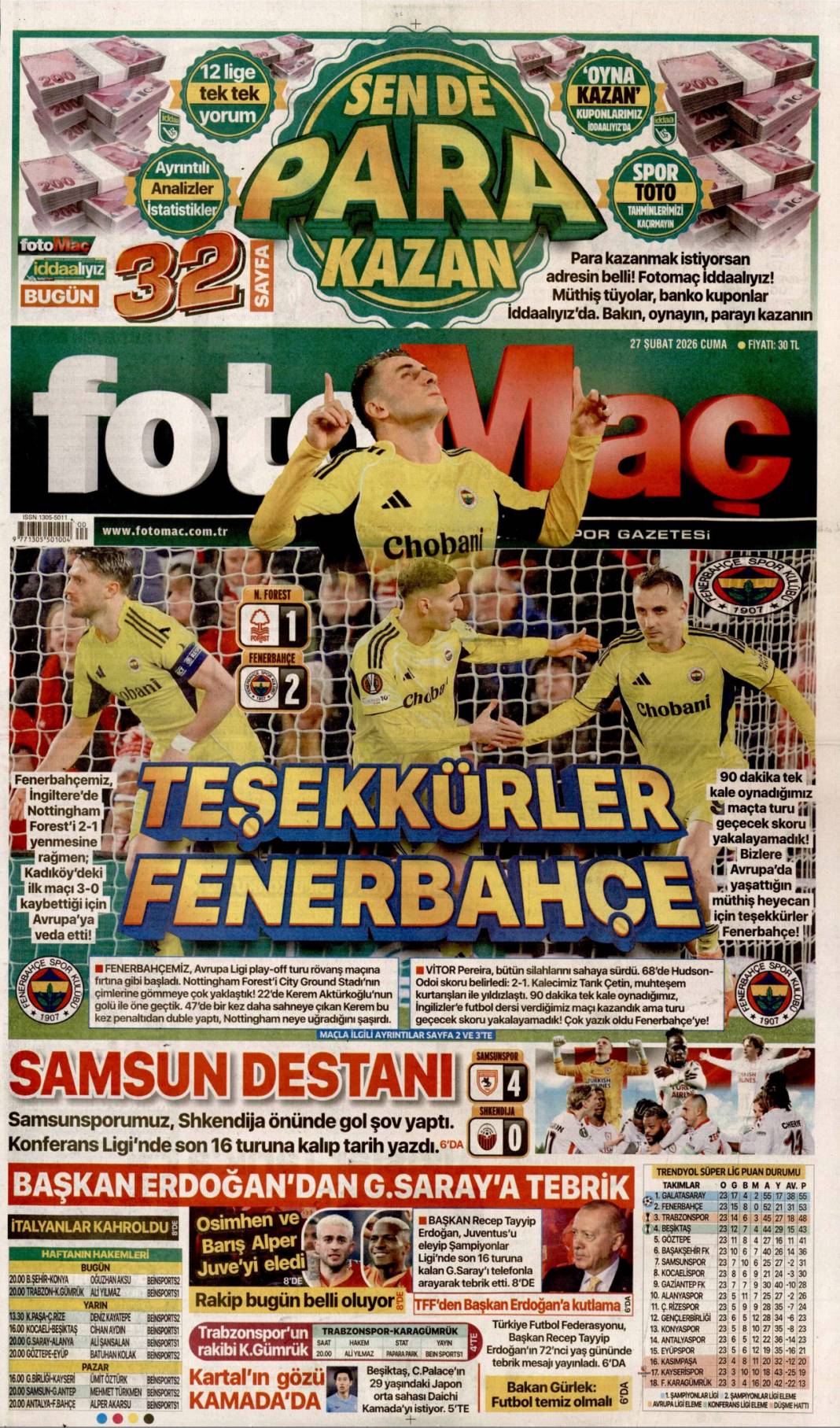 Her alanda tarihi dönüşüm yaşıyoruz: 27 Şubat 2026 Cuma güncel gazete manşetleri 26