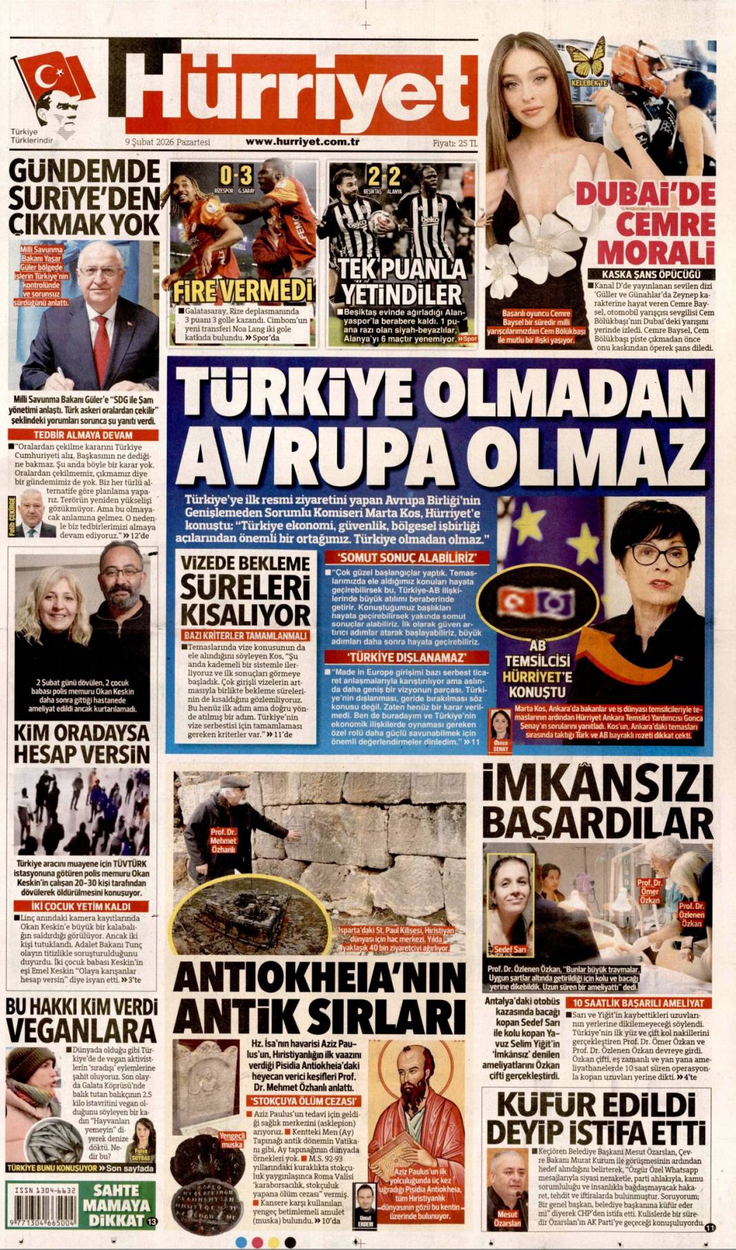 Türkiye olmadan Avrupa olmaz: 9 Şubat 2026 Pazartesi güncel gazete manşetleri 1