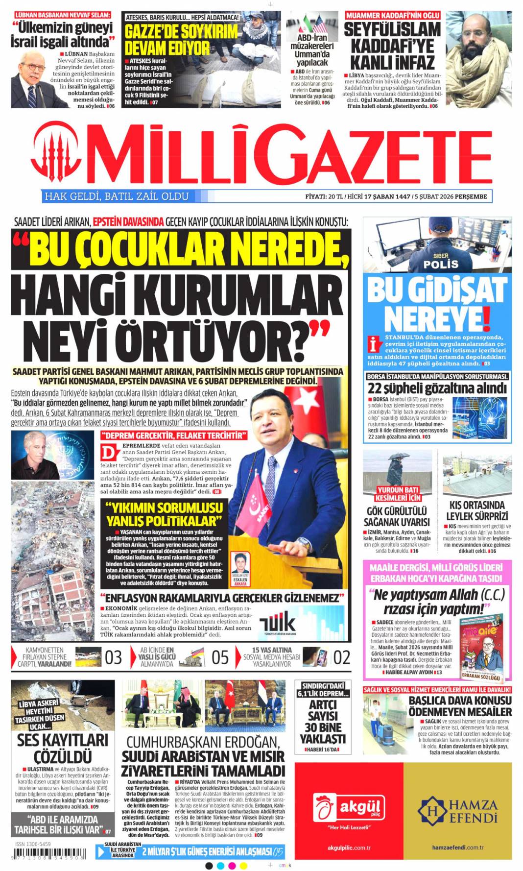 Gazze'de barış için Mısır'la iş birliği: 5 Şubat 2026 Perşembe, güncel gazete manşetleri 18