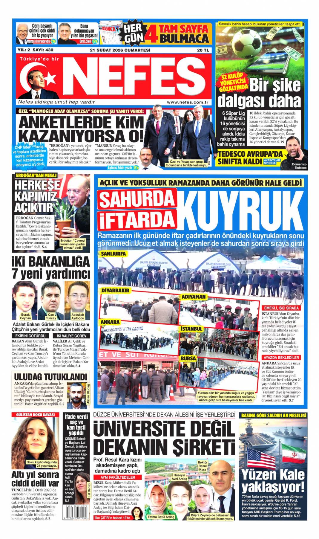 Türkiye Ramazanda Gazze'yi unutmadı: 21 Şubat 2026 Cumartesi güncel gazete manşetleri 20