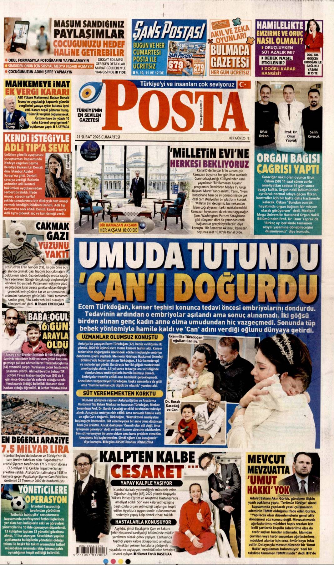 Türkiye Ramazanda Gazze'yi unutmadı: 21 Şubat 2026 Cumartesi güncel gazete manşetleri 5