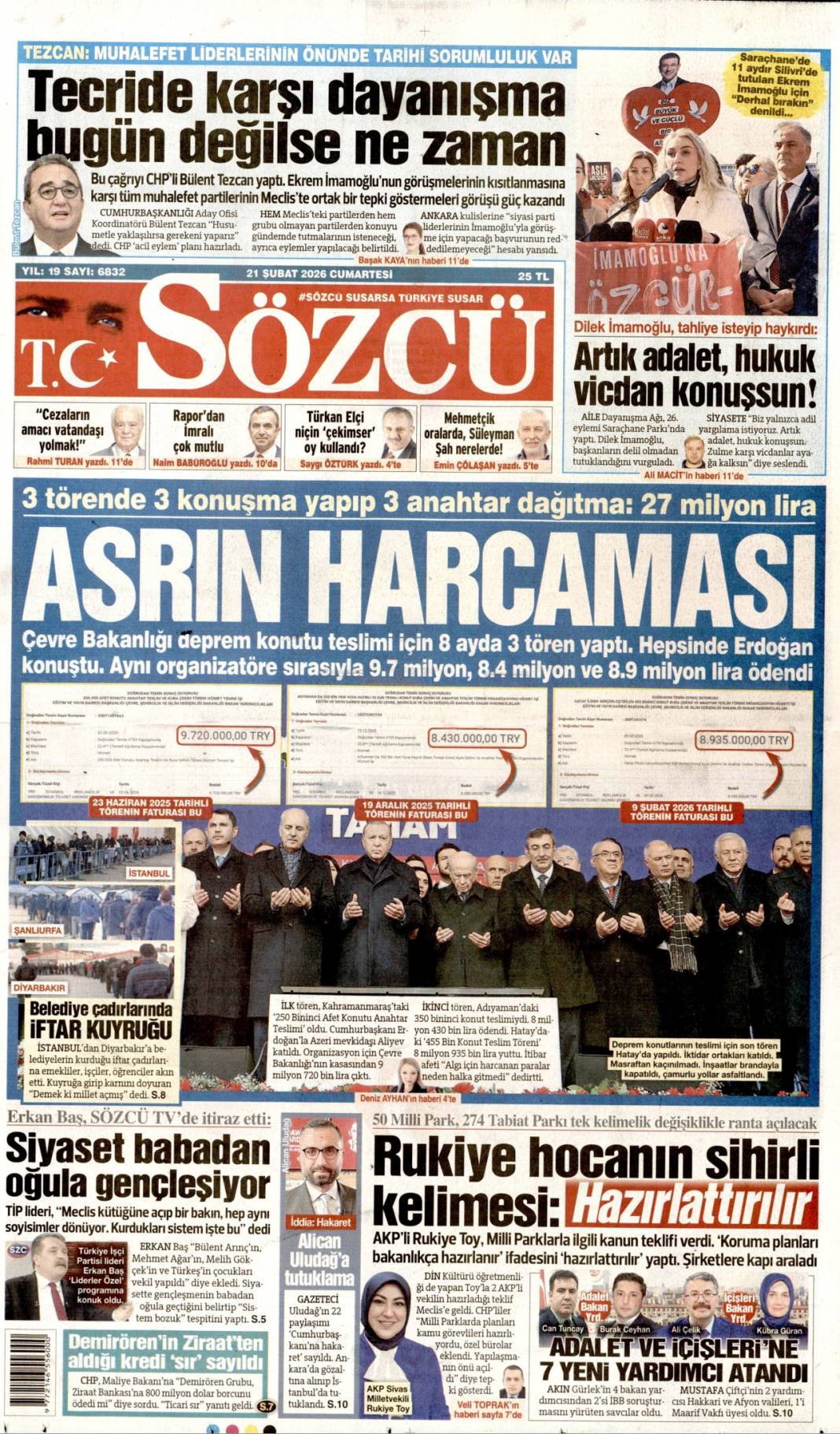 Türkiye Ramazanda Gazze'yi unutmadı: 21 Şubat 2026 Cumartesi güncel gazete manşetleri 9