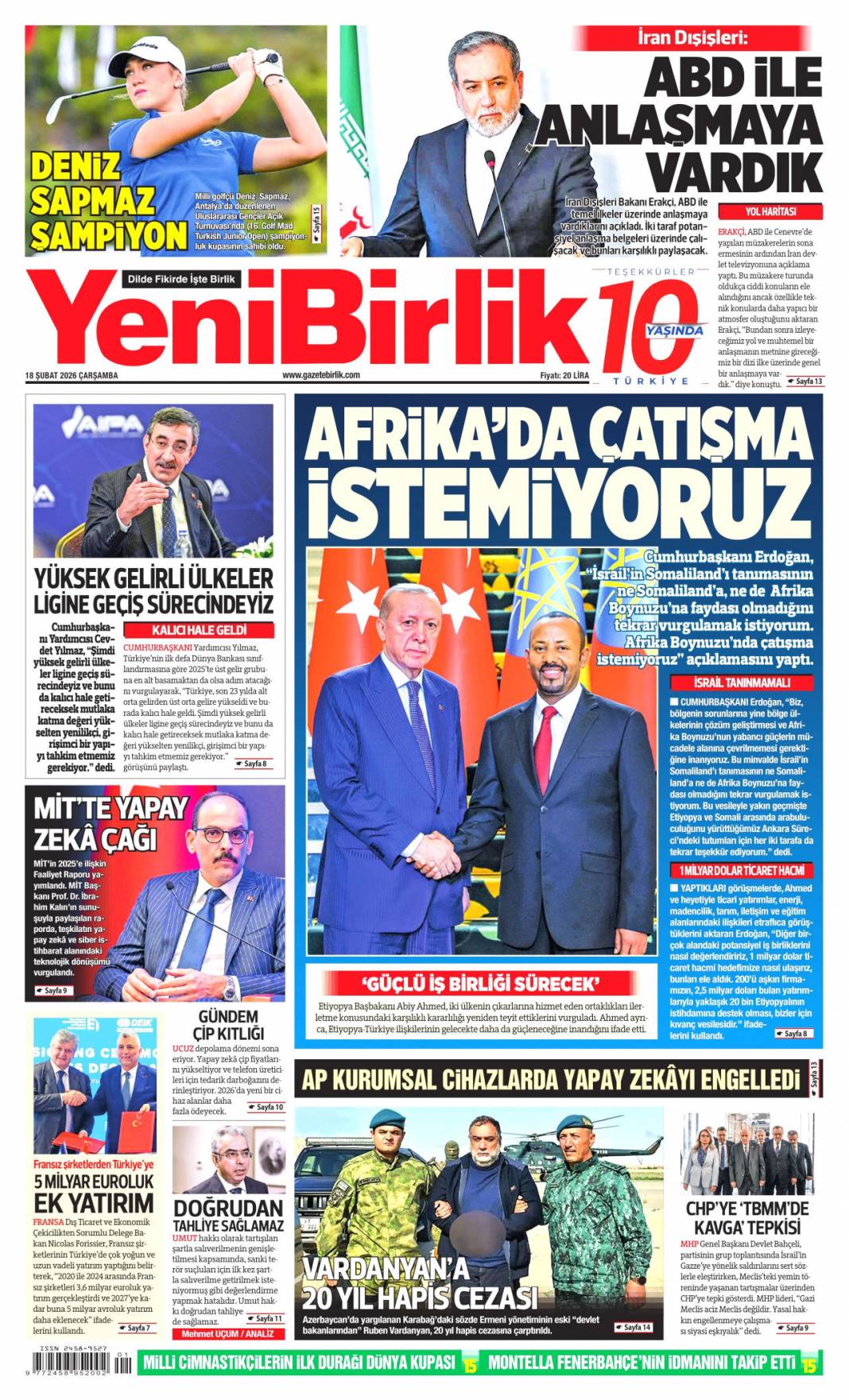 Afrika Boynuzu'nda çatışma istemiyoruz: 18 Şubat 2026 Çarşamba güncel gazete manşetleri 22
