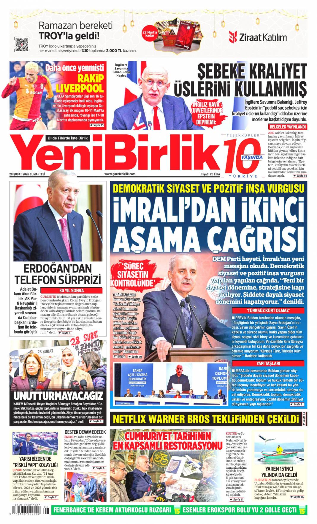 İmralı'dan 2. çağrı: 28 Şubat 2026 Cumartesi güncel gazete manşetleri 24