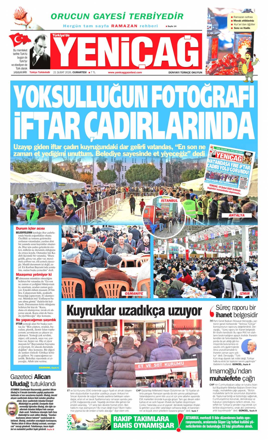 Türkiye Ramazanda Gazze'yi unutmadı: 21 Şubat 2026 Cumartesi güncel gazete manşetleri 24