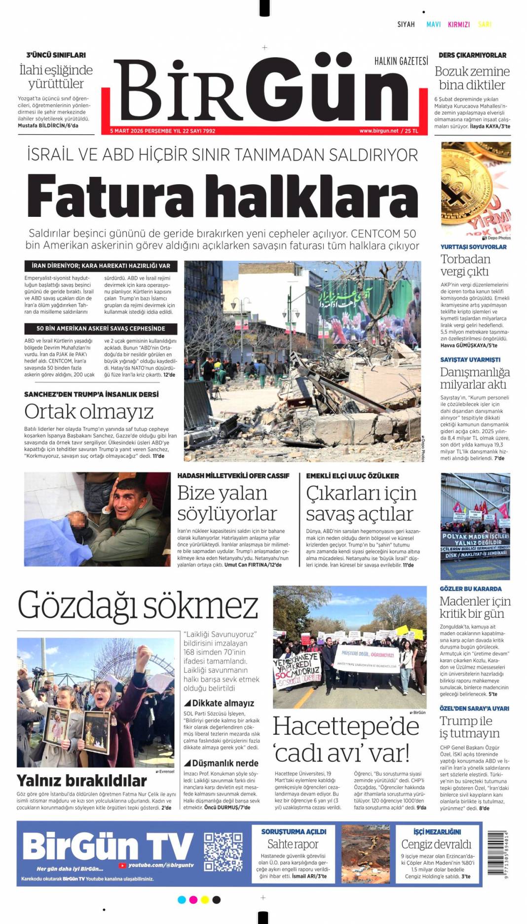 Siyonist canilerin savaş tuzağı: 5 Mart 2026 Perşembe güncel gazete manşetleri 9