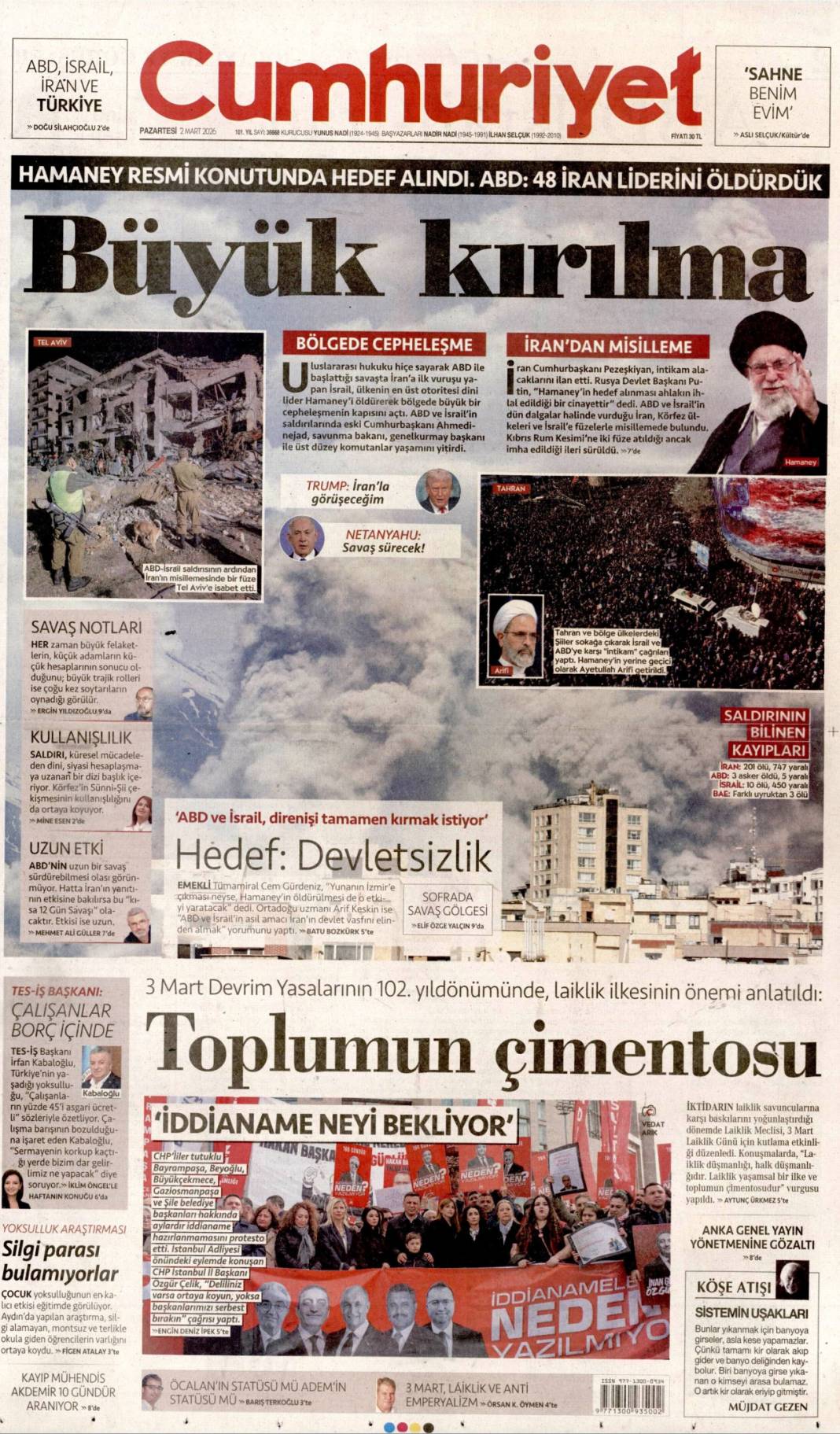 Ortadoğu'da ateş çemberi büyüyor: 2 Mart 2026 Pazartesi güncel gazete manşetleri 5