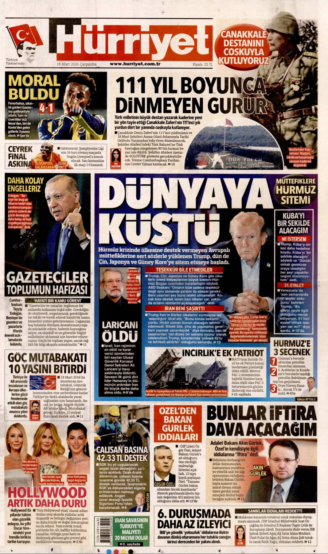 Dünyaya küstü: 18 Mart 2026 Çarşamba güncel gazete manşetleri 1