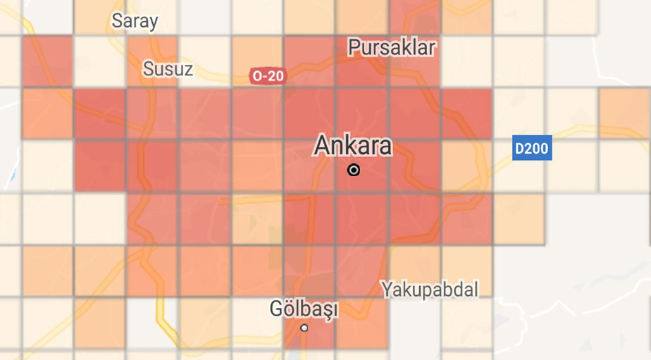 Koronavirüste artışın en fazla yaşandığı Ankara'nın ilçe yoğunluk haritası 1