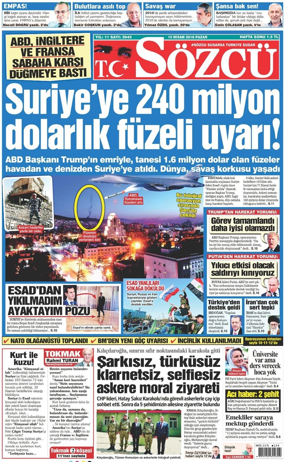 15 Nisan 2018 Gazete manşetleri - Habertürk, Sabah, Hürriyet, Sözcü 5