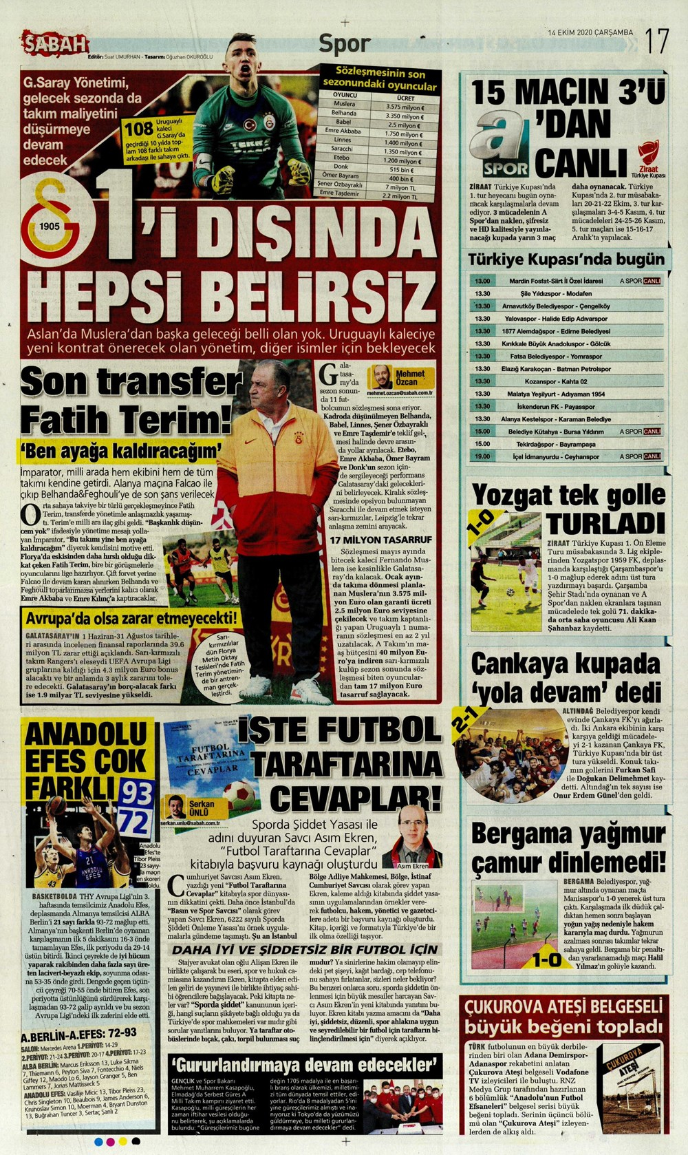 14 Ekim spor manşetleri | 14 Ekim spor gazetesi sayfaları 14