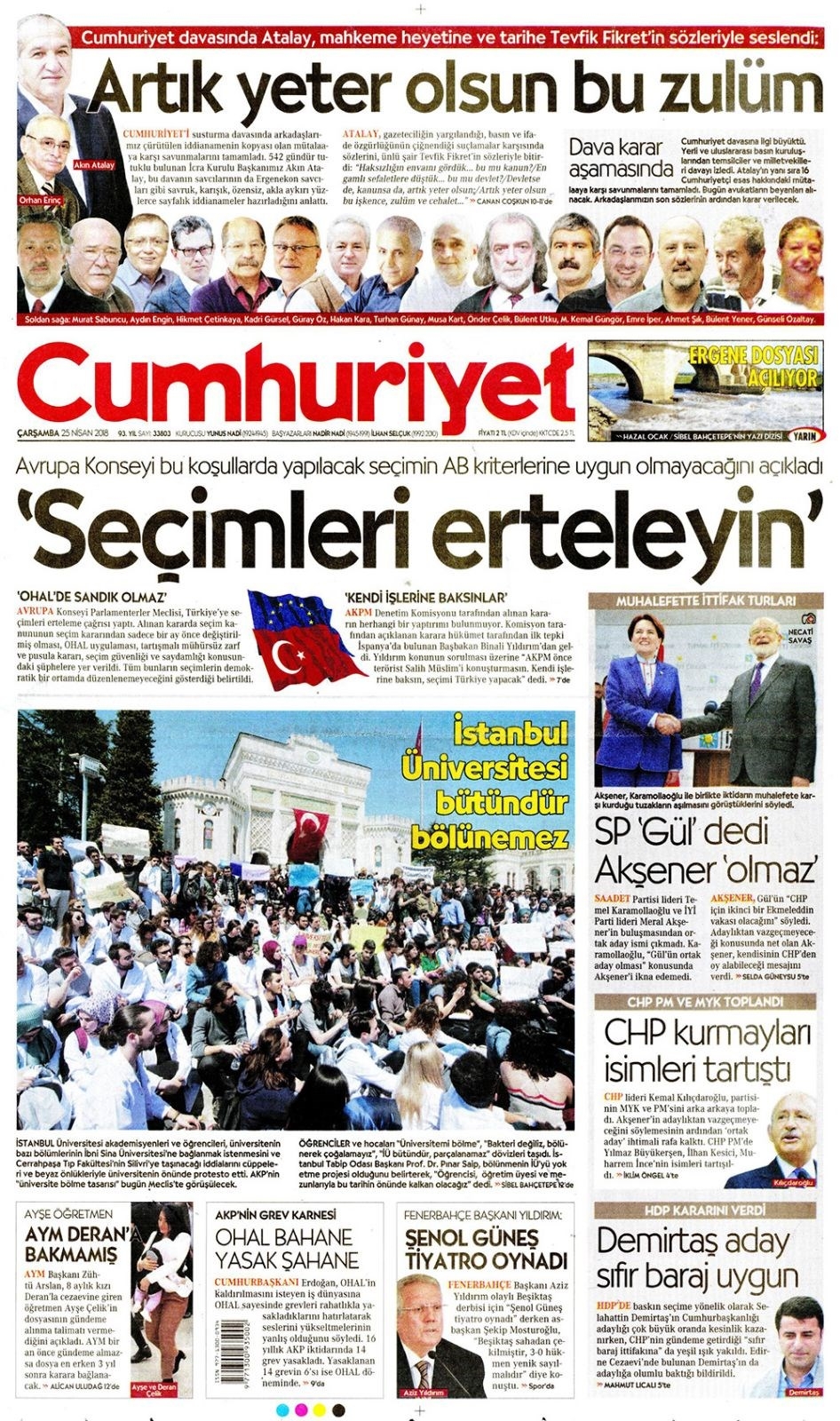 Gazete manşetleri 25 Nisan 2018 Hürriyet - Sözcü - Habertürk 12