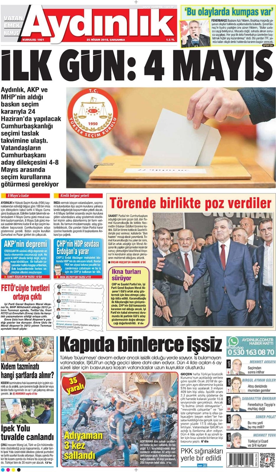 Gazete manşetleri 25 Nisan 2018 Hürriyet - Sözcü - Habertürk 13