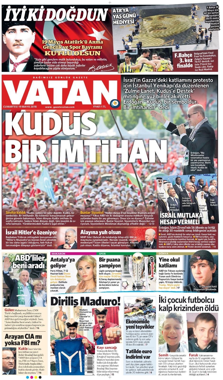 Gazete manşetleri 19 Mayıs 2018 Hürriyet, Milliyet, Yeni Şafak, Sözcü 9