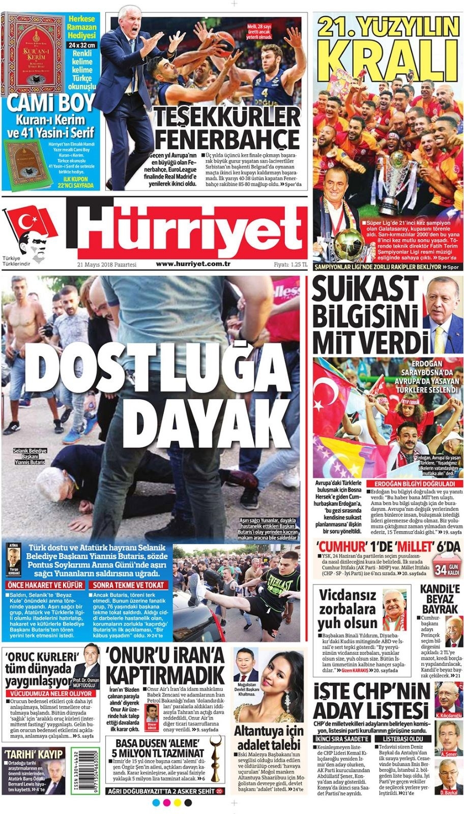 Gazete manşetleri 21 Mayıs 2018  Hürriyet, Milliyet, Yeni Şafak, Sözcü, Fanatik, 1