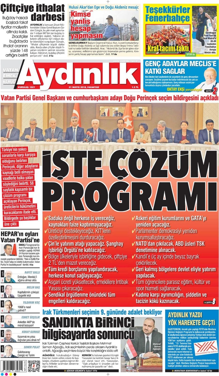 Gazete manşetleri 21 Mayıs 2018  Hürriyet, Milliyet, Yeni Şafak, Sözcü, Fanatik, 15