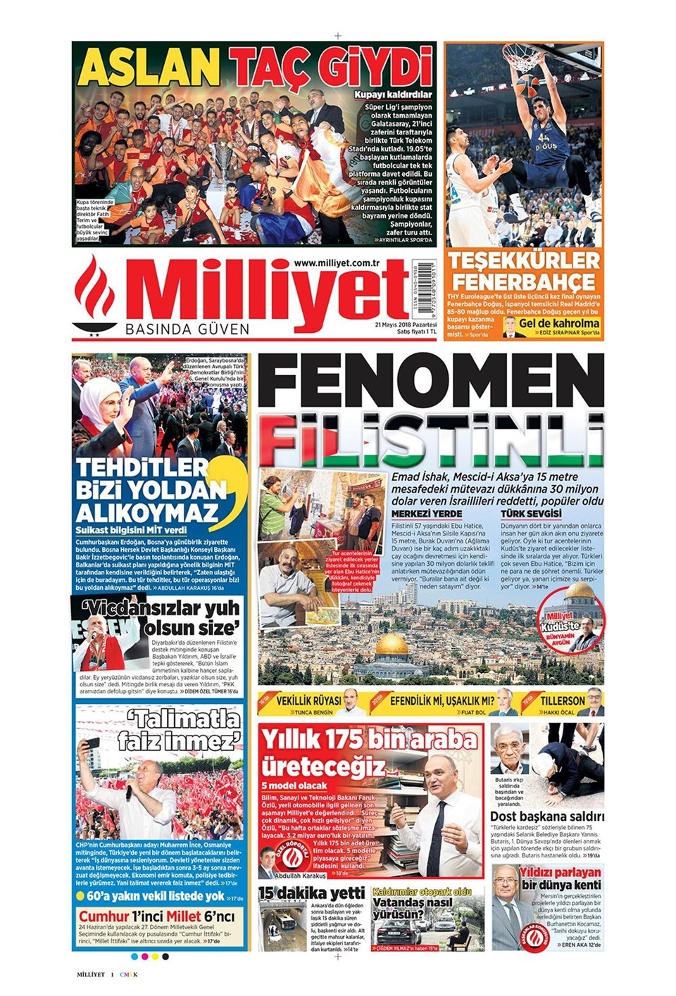 Gazete manşetleri 21 Mayıs 2018  Hürriyet, Milliyet, Yeni Şafak, Sözcü, Fanatik, 4