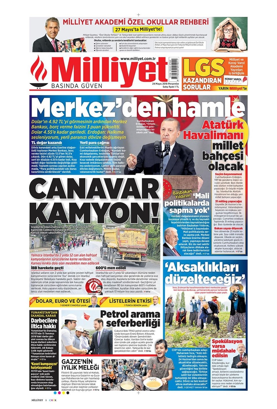 Gazete manşetleri 24 Mayıs 2018 Hürriyet, Milliyet, Yeni Şafak, Sözcü 2