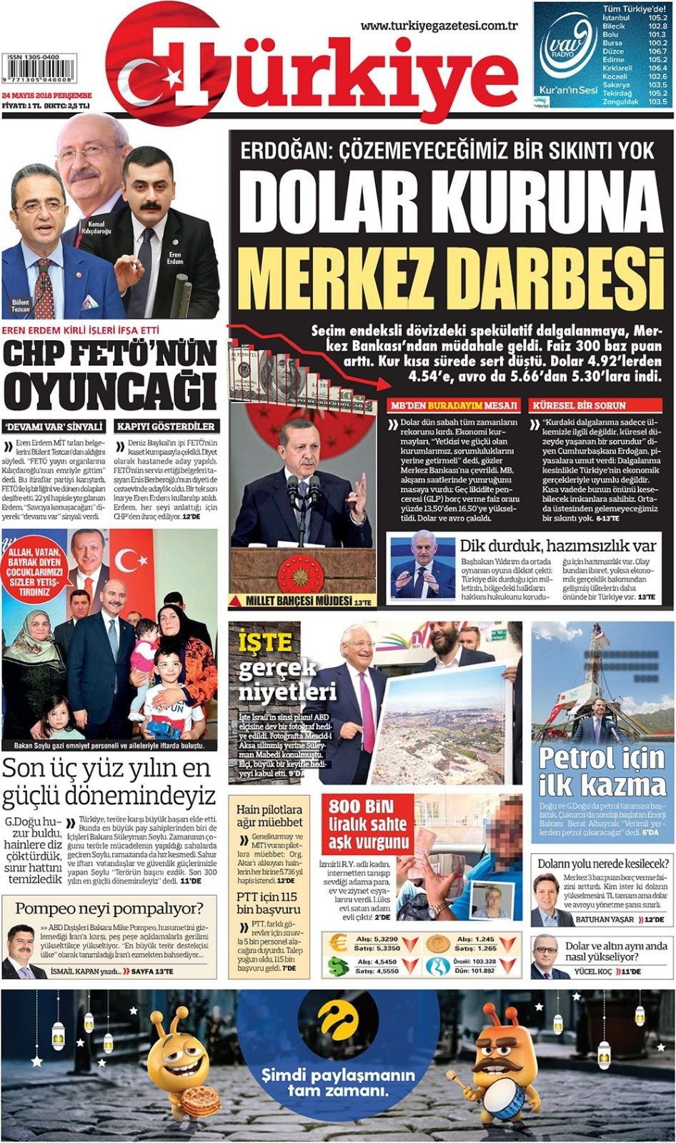 Gazete manşetleri 24 Mayıs 2018 Hürriyet, Milliyet, Yeni Şafak, Sözcü 6