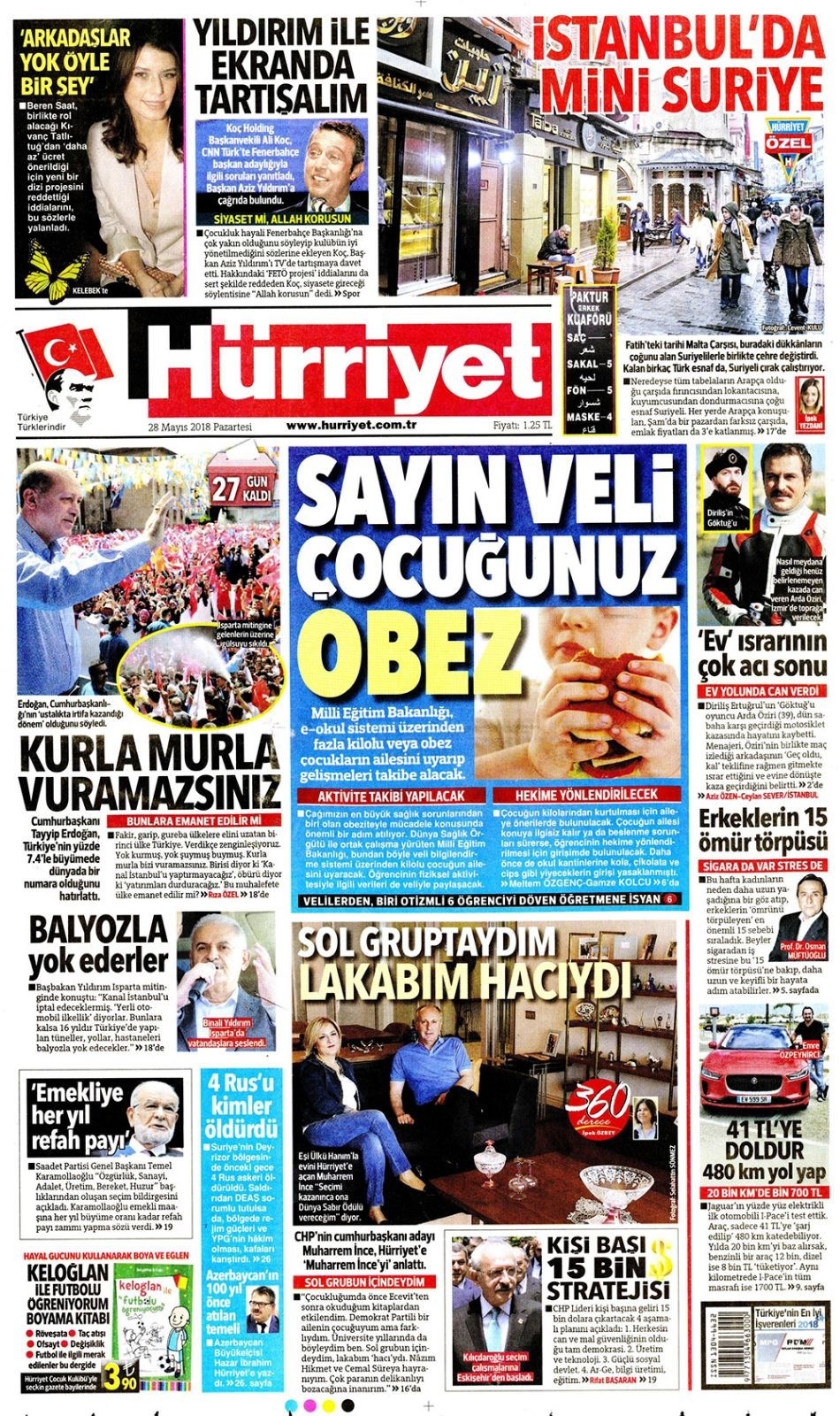 Gazete manşetleri 28 Mayıs 2018 Hürriyet - Sözcü - Habertürk 2
