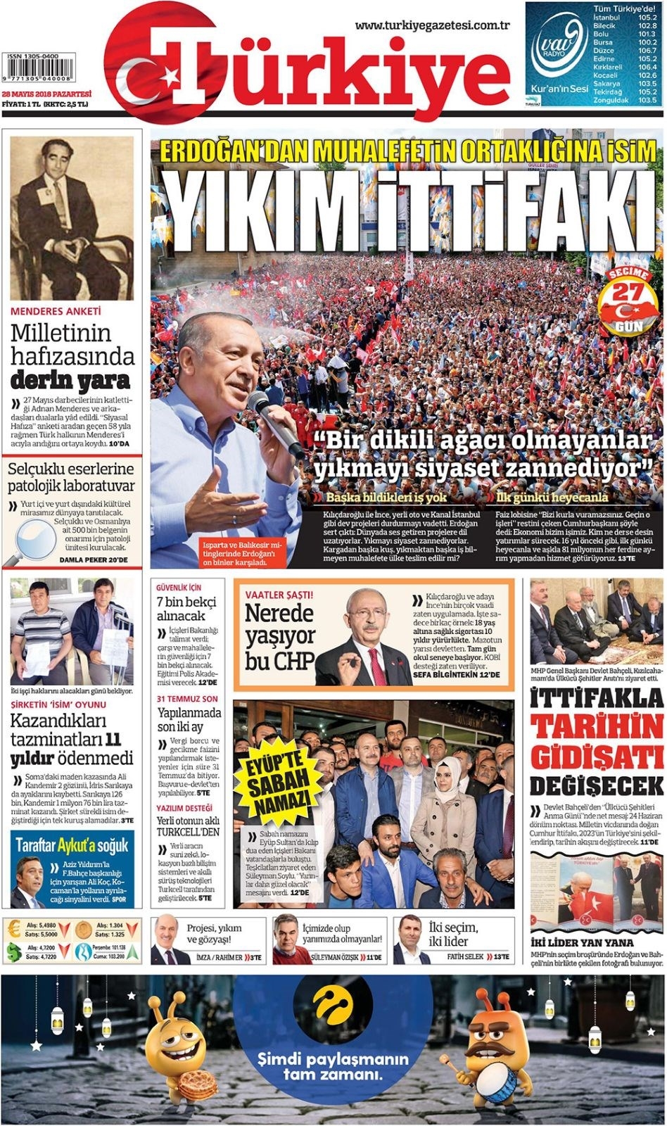 Gazete manşetleri 28 Mayıs 2018 Hürriyet - Sözcü - Habertürk 6