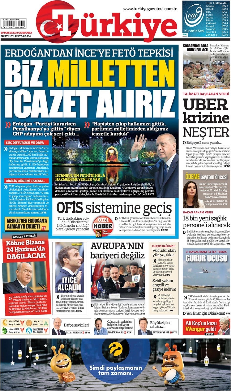 Gazete manşetleri 30 Mayıs 2018 Hürriyet, Milliyet, Sözcü, Habertürk 4