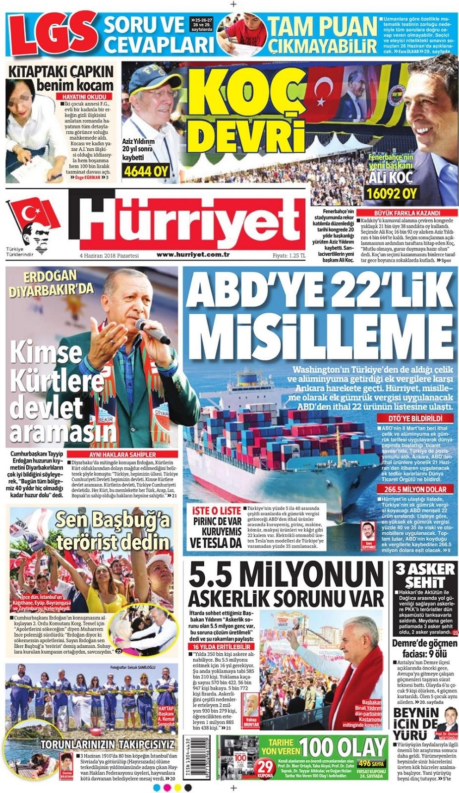 Gazete manşetleri 4 Haziran 2018 Hürriyet - Sözcü - Fanatik 1