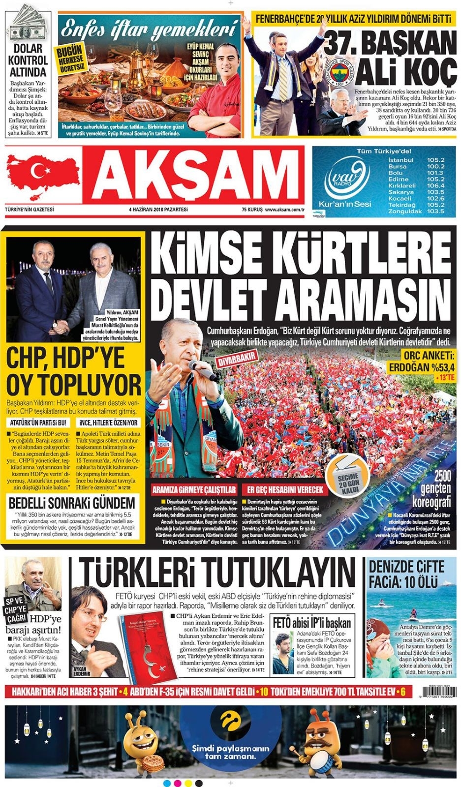 Gazete manşetleri 4 Haziran 2018 Hürriyet - Sözcü - Fanatik 13