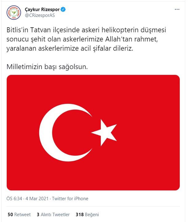 Türkiye şehitlerine ağlıyor! Süper Lig ekiplerinden Bitlis şehitleri için baş sağlığı mesajları 14