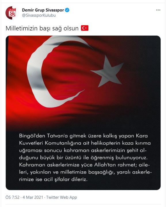 Türkiye şehitlerine ağlıyor! Süper Lig ekiplerinden Bitlis şehitleri için baş sağlığı mesajları 7