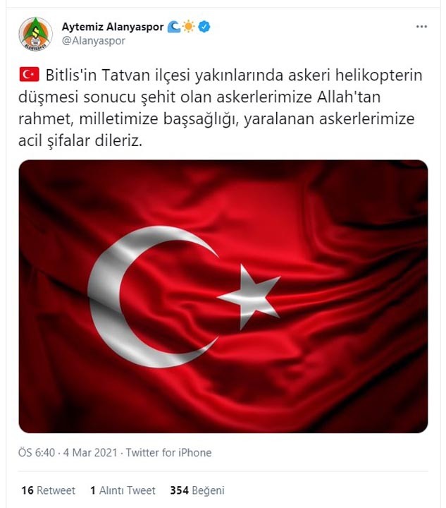 Türkiye şehitlerine ağlıyor! Süper Lig ekiplerinden Bitlis şehitleri için baş sağlığı mesajları 9