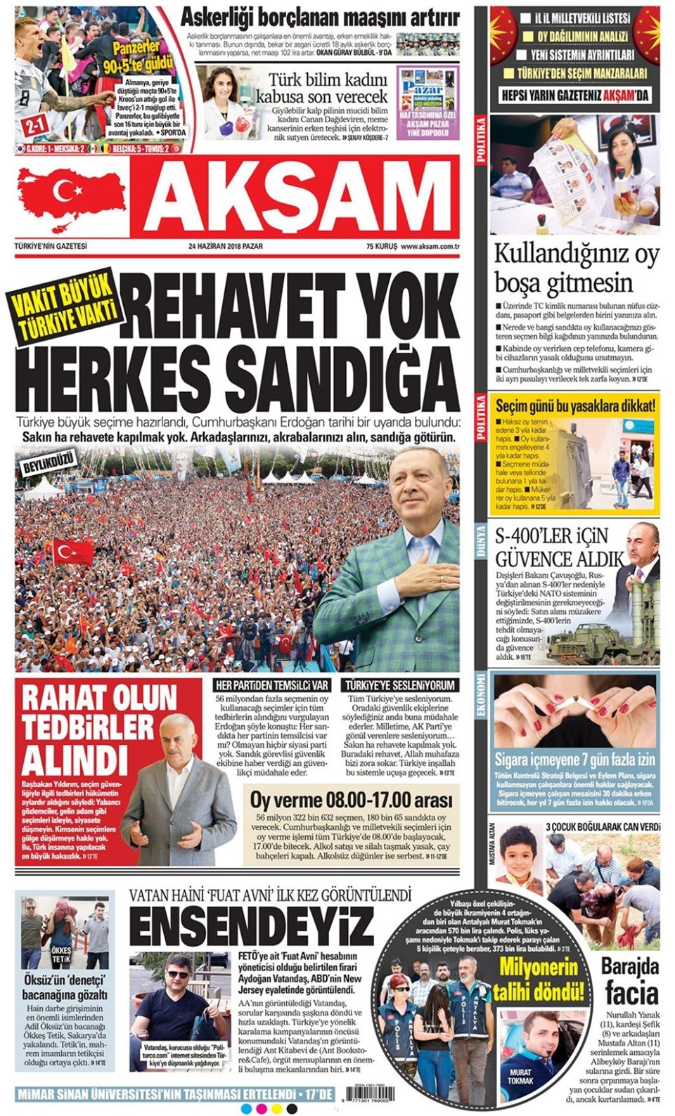 24 Haziran 2018 Gazete manşetleri - Sözcü, Hürriyet, Cumhuriyet, Posta 15