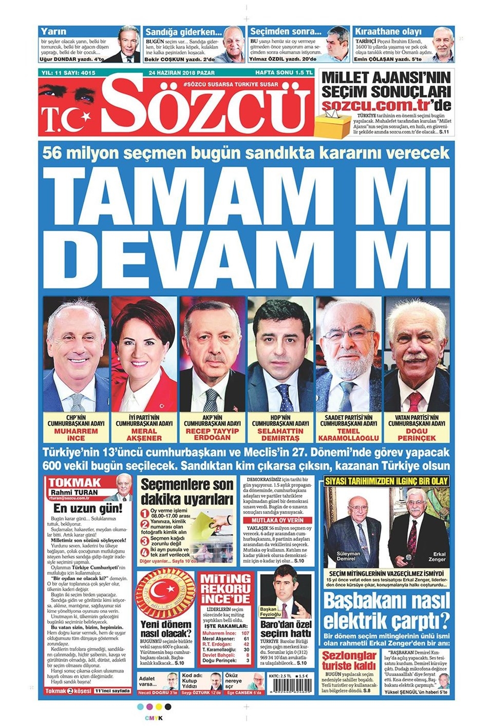 24 Haziran 2018 Gazete manşetleri - Sözcü, Hürriyet, Cumhuriyet, Posta 7