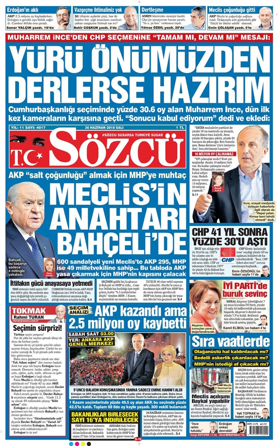 Gazete manşetleri 26 Haziran 2018 Hürriyet - Sözcü - Posta 8