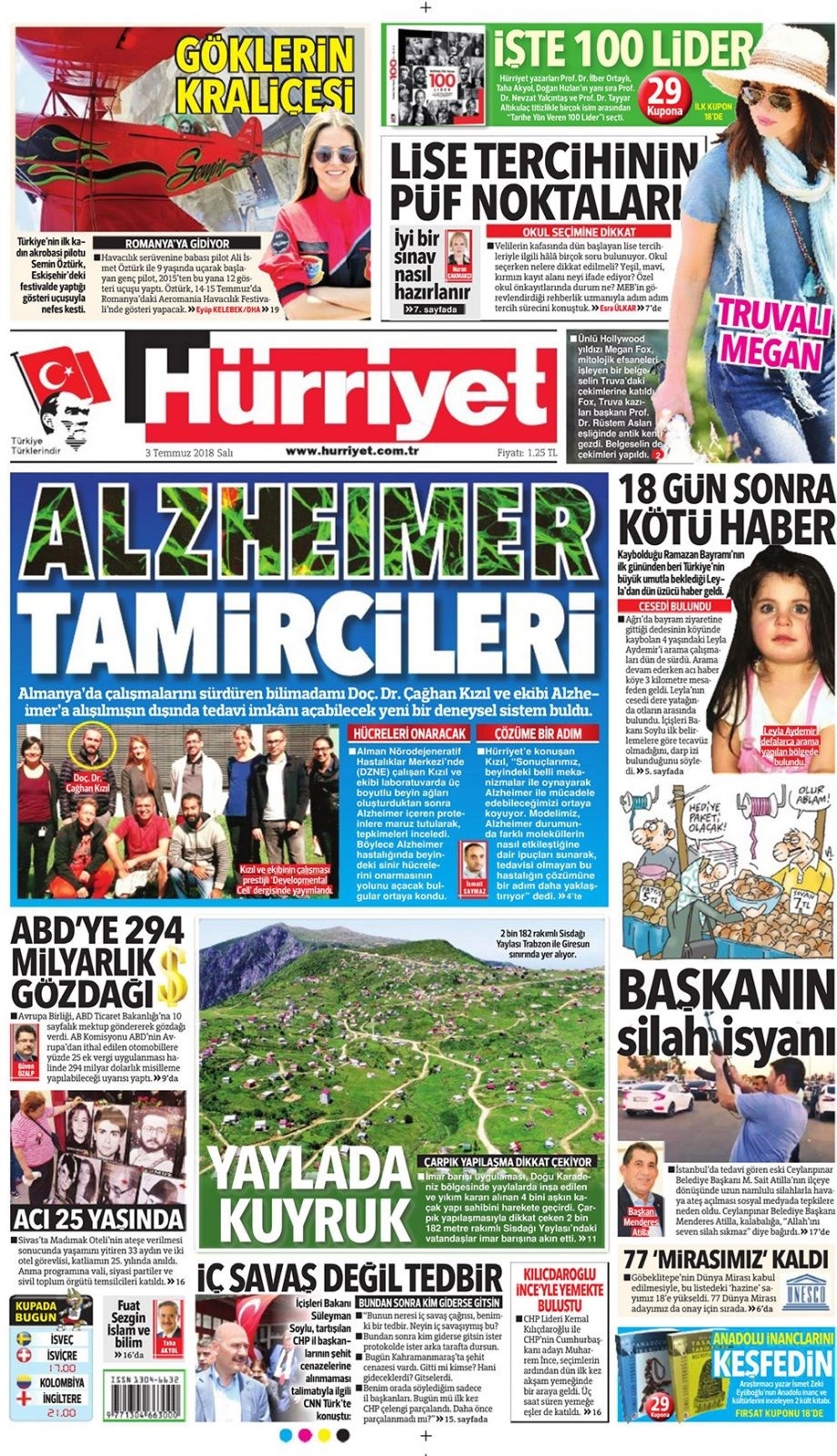 3 Temmuz 2018 Gazete manşetleri  Hürriyet, Sözcü, Habertürk, Sabah 1