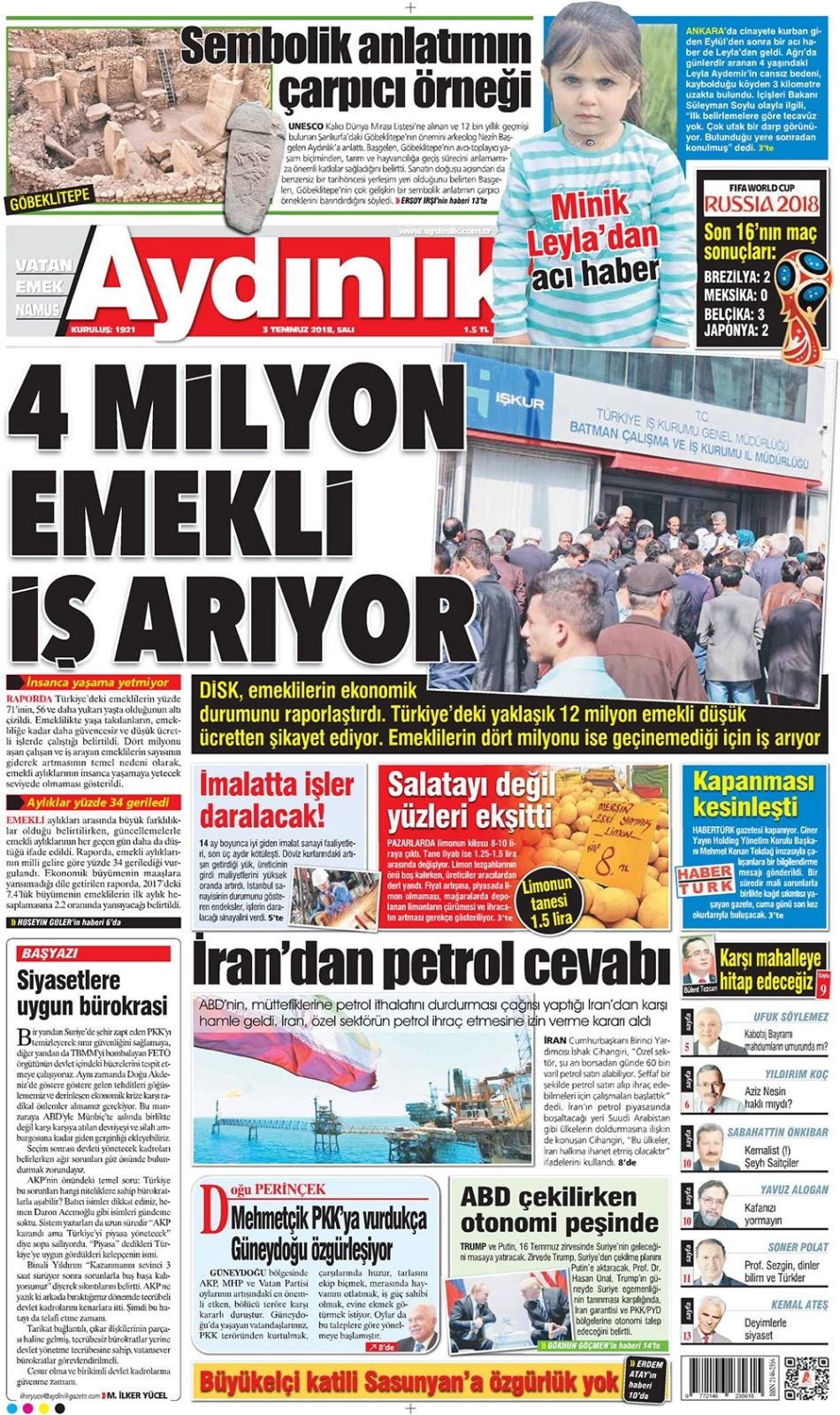 3 Temmuz 2018 Gazete manşetleri  Hürriyet, Sözcü, Habertürk, Sabah 13