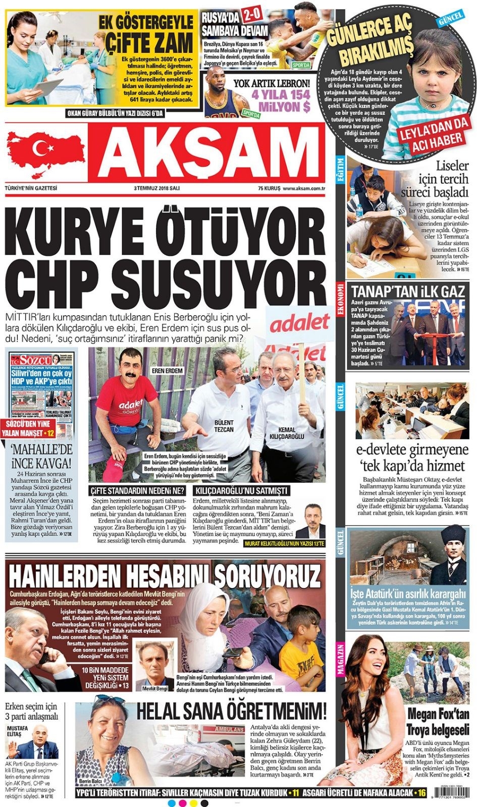 3 Temmuz 2018 Gazete manşetleri  Hürriyet, Sözcü, Habertürk, Sabah 14