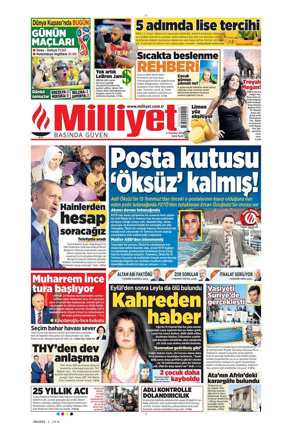 3 Temmuz 2018 Gazete manşetleri  Hürriyet, Sözcü, Habertürk, Sabah 3