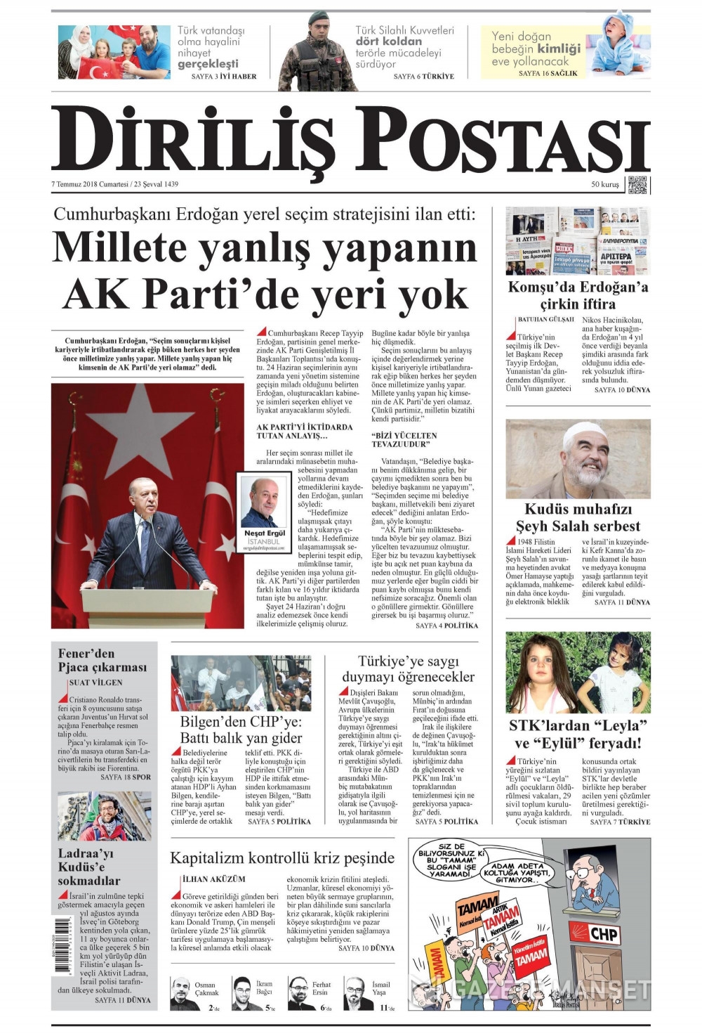 7 Temmuz 2018 Gazete manşetleri Hürriyet - Sözcü - Posta 11