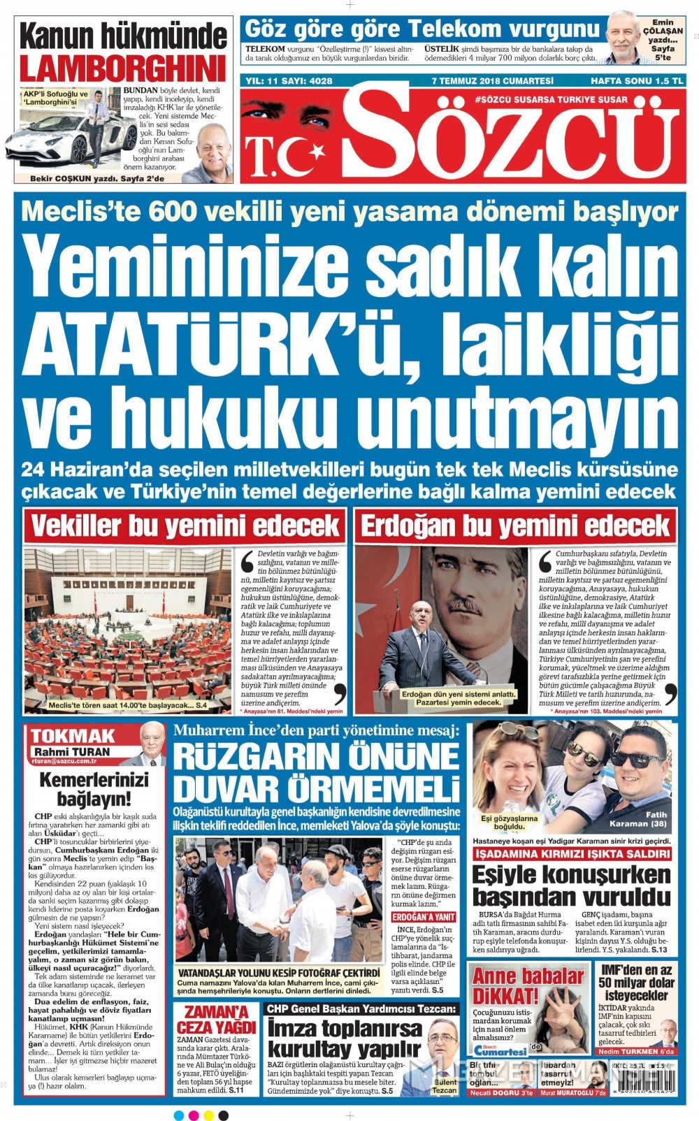 7 Temmuz 2018 Gazete manşetleri Hürriyet - Sözcü - Posta 5