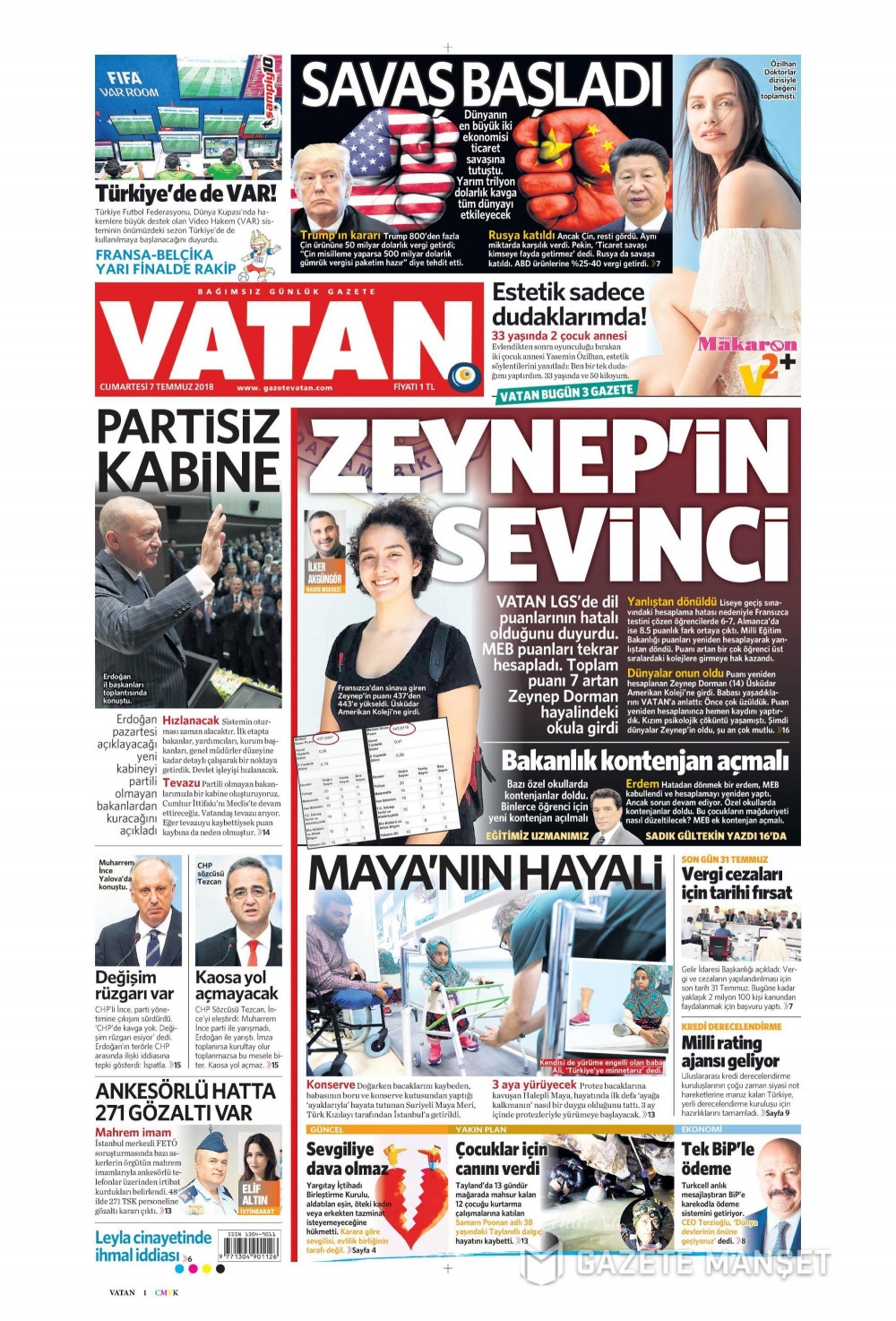 7 Temmuz 2018 Gazete manşetleri Hürriyet - Sözcü - Posta 9