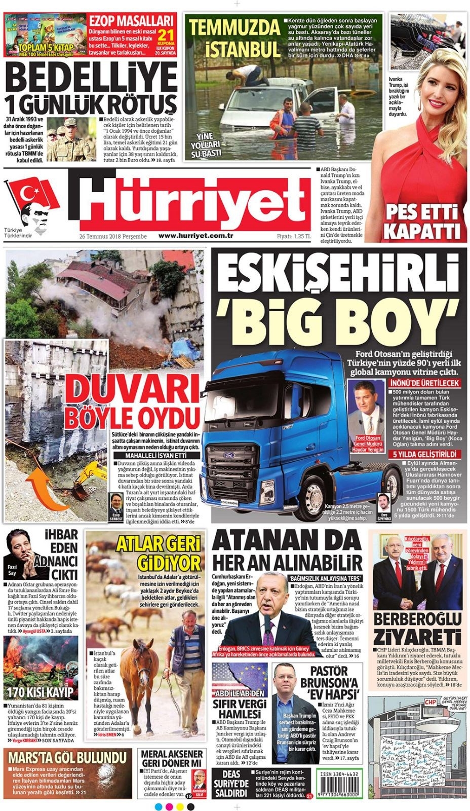 26 Temmuz 2018 Gazete manşetleri Hürriyet - Posta - Sabah 1